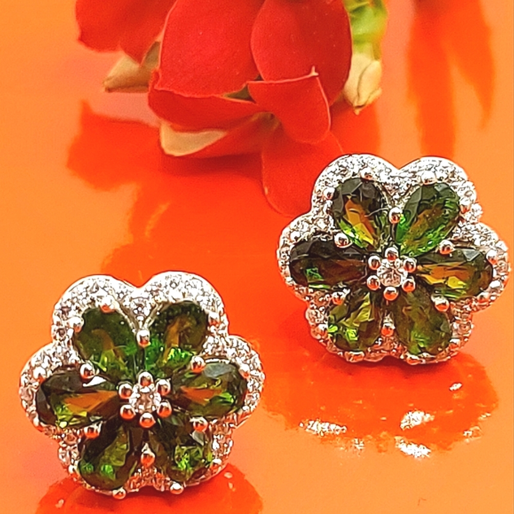 Natural Chrome Diopside & CZ 925‎ Sterling Silver Earrings